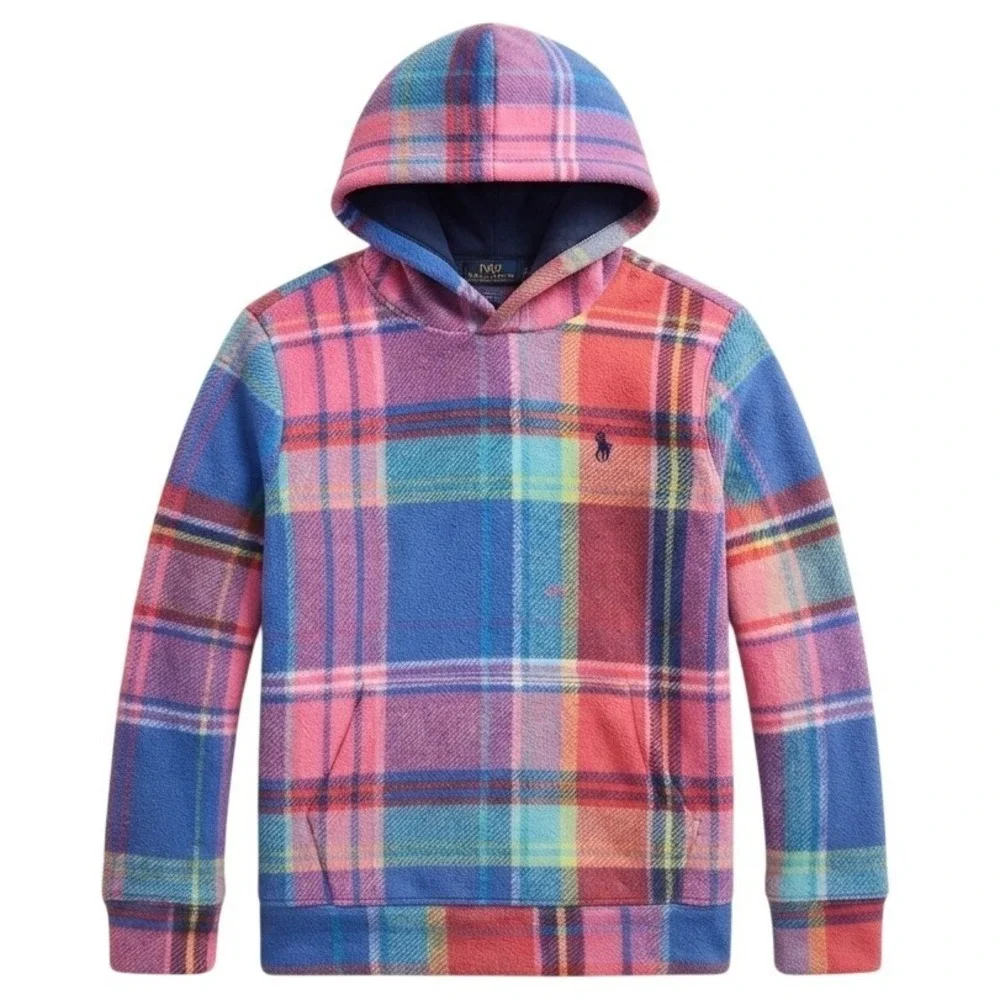 Polo Ralph Lauren Multi-Plaid Pullover Hoodie Youth XL 16 Bright Colors Girl New